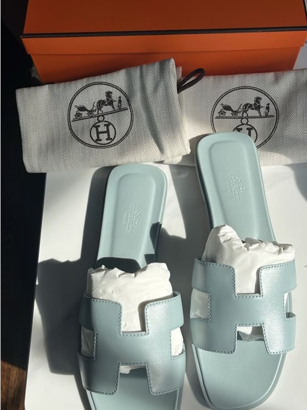 Hermes Light Blue Oran Slide Sandals